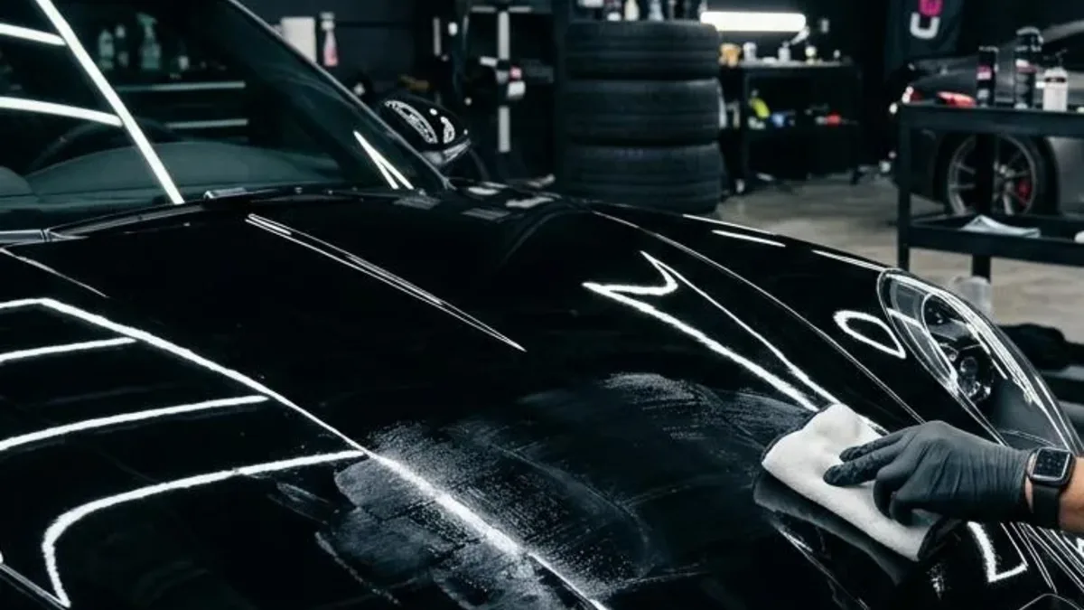 Close-up ceramic coating application on glossy black vehicle paint