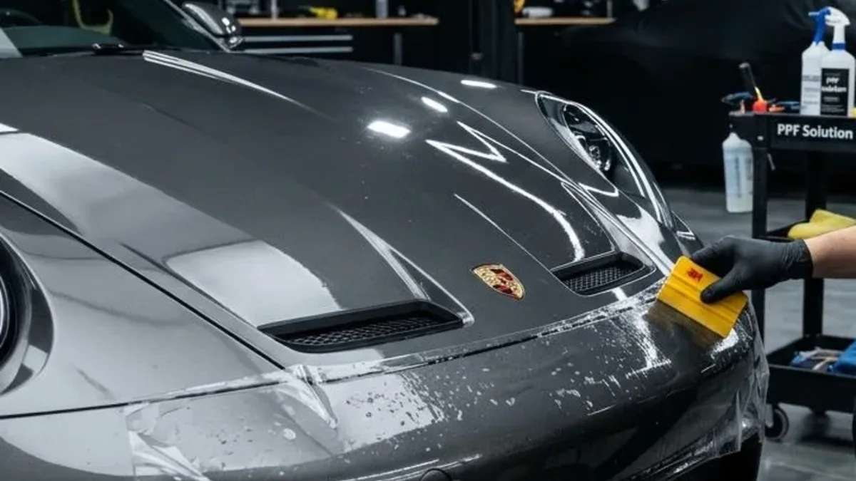 Close-up paint protection film installation on a sports car bonnet