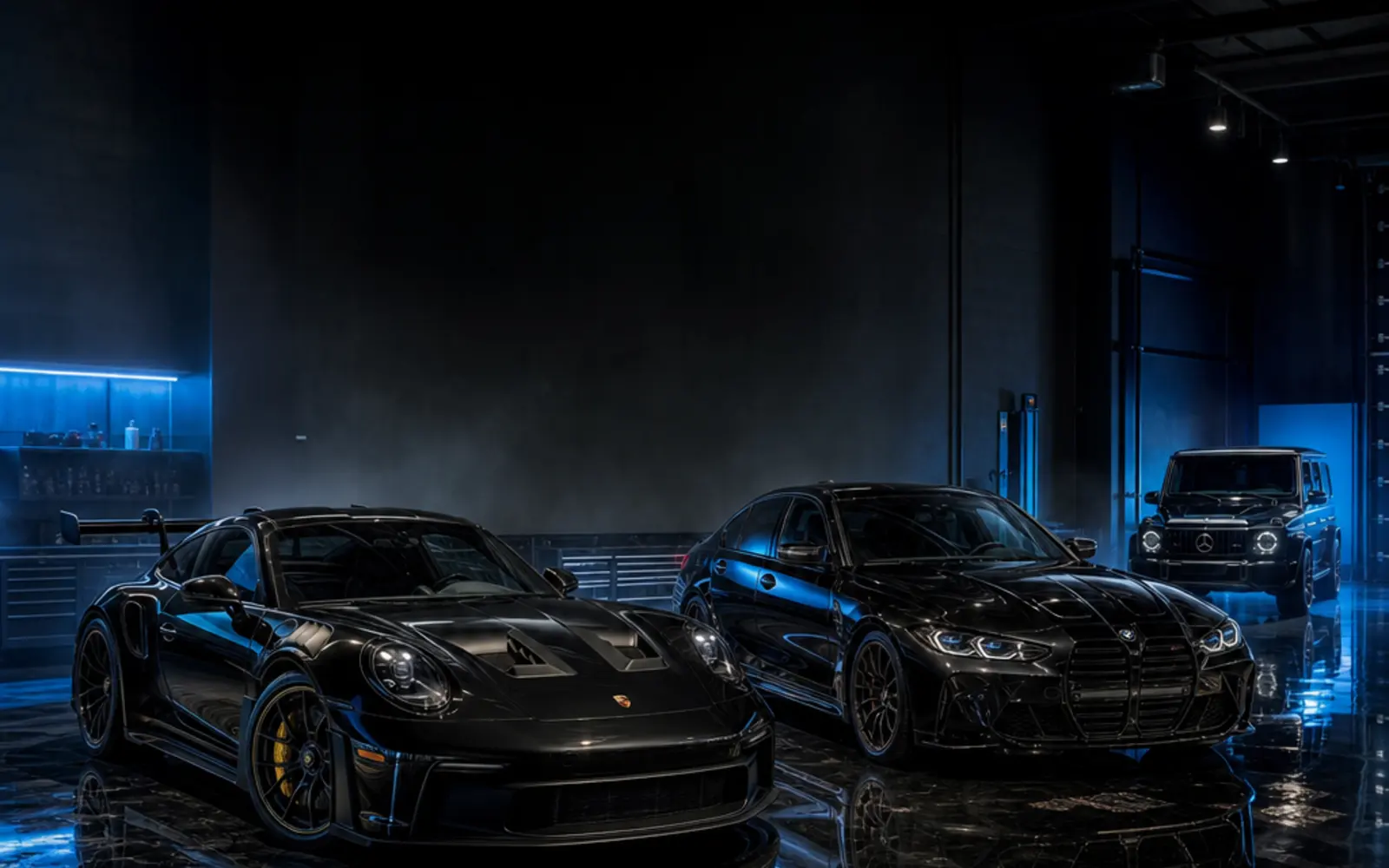 Luxury automotive workshop with blue ambient lighting