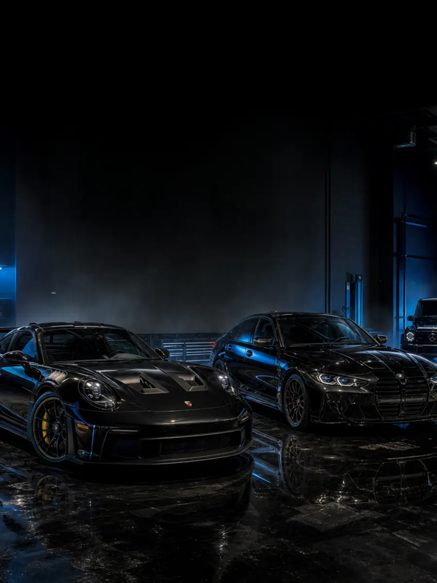 Luxury dark vehicle being professionally polished inside a detailing studio