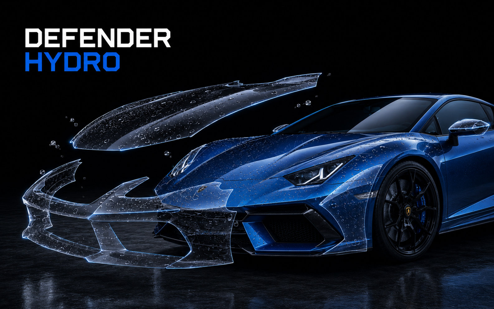 GSWF Defender Hydro film on a blue Lamborghini showing full front protection with hydrophobic shield effect