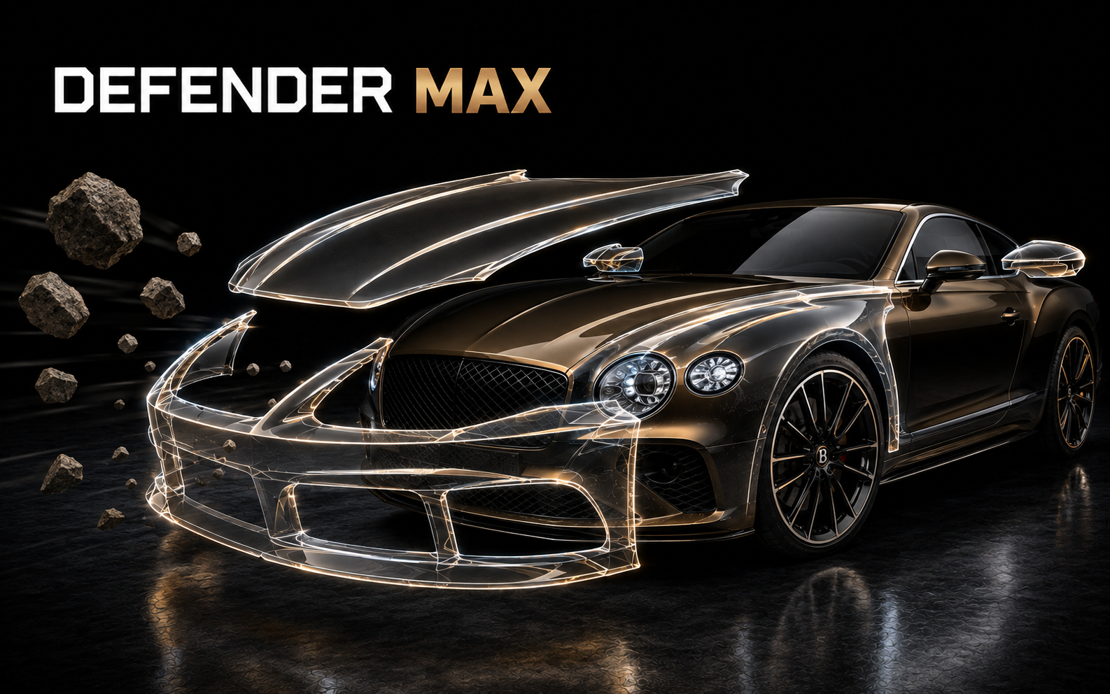 GSWF Defender Max 10 mil heavy-duty PPF on a gold Bentley Continental with amber protection shield