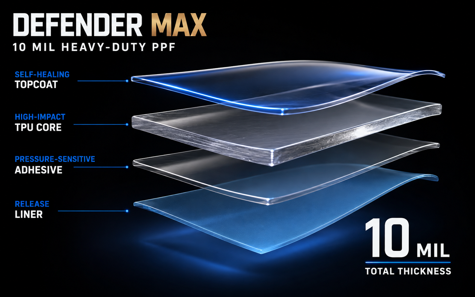 GSWF Defender Max 10 mil paint protection film layer composition diagram showing self-healing topcoat, TPU core, adhesive and release liner