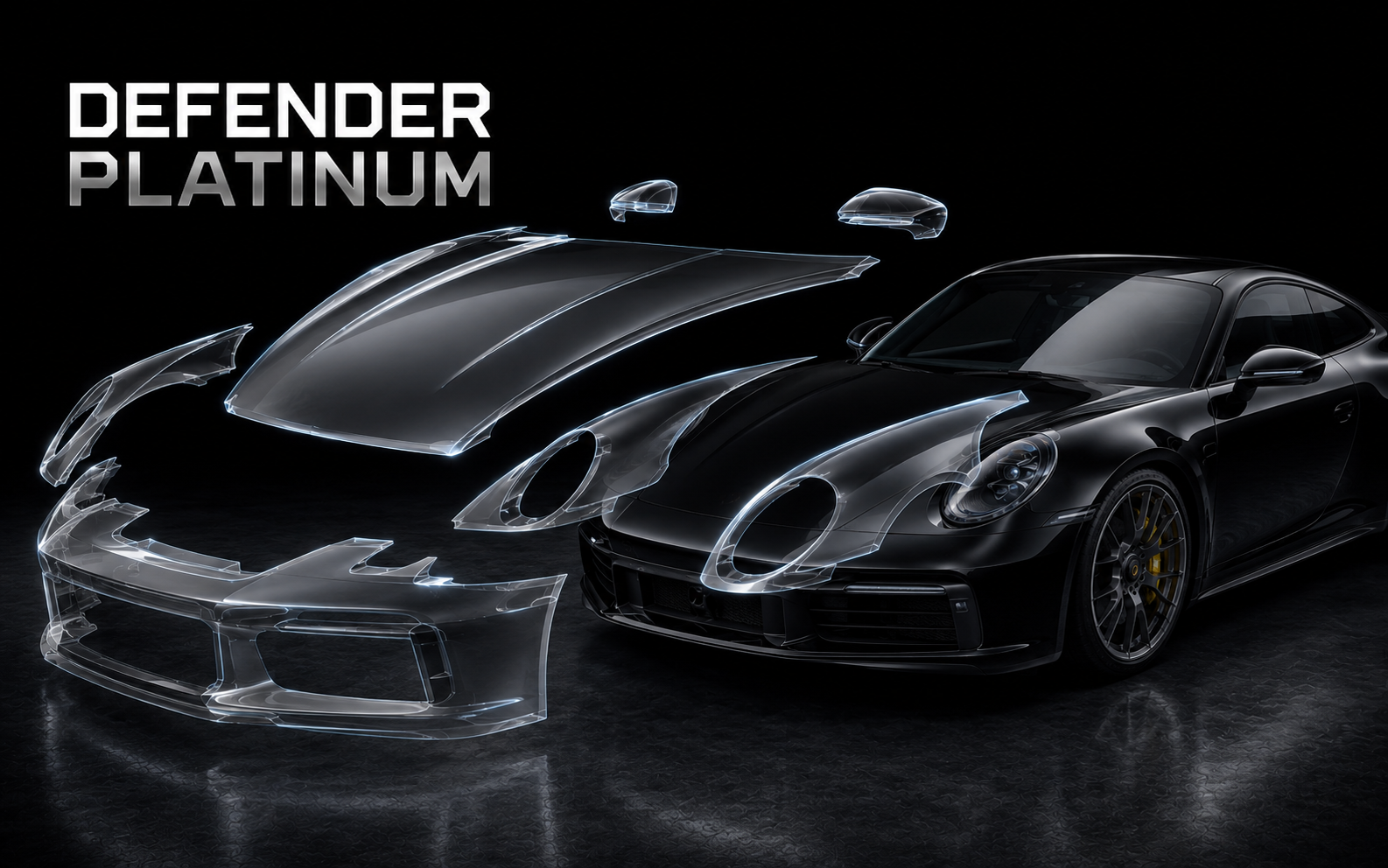 GSWF Defender Platinum film layers showing full front coverage on a black Porsche 911