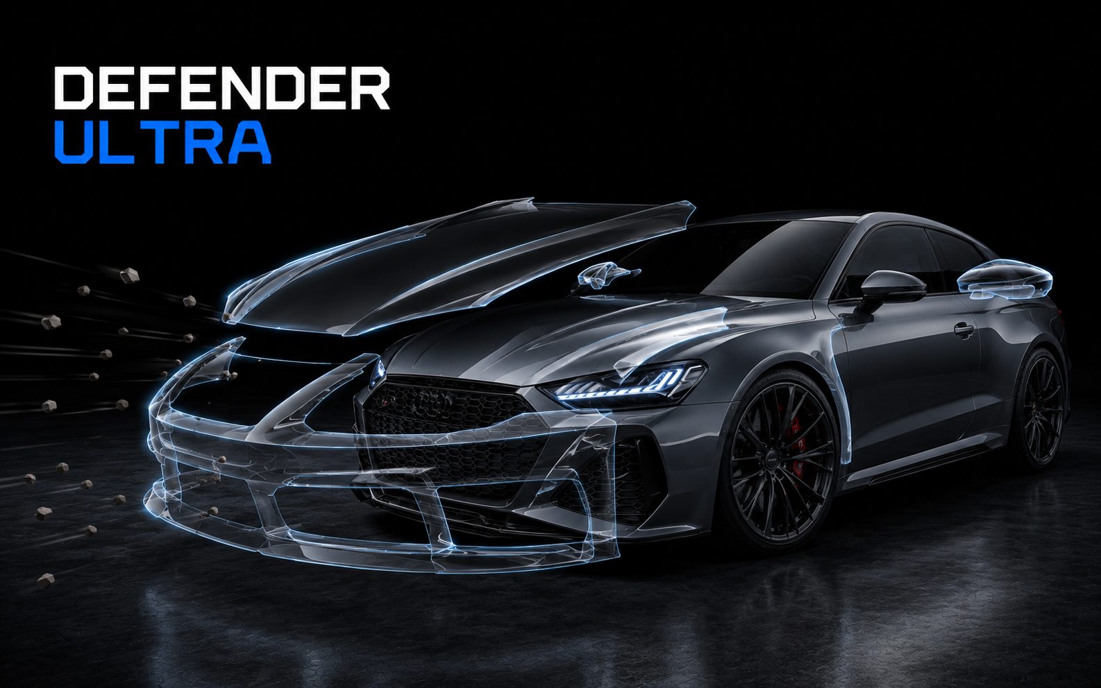 GSWF Defender Ultra PPF covering front bumper, headlights and mirror caps of a grey sports car with blue impact shield