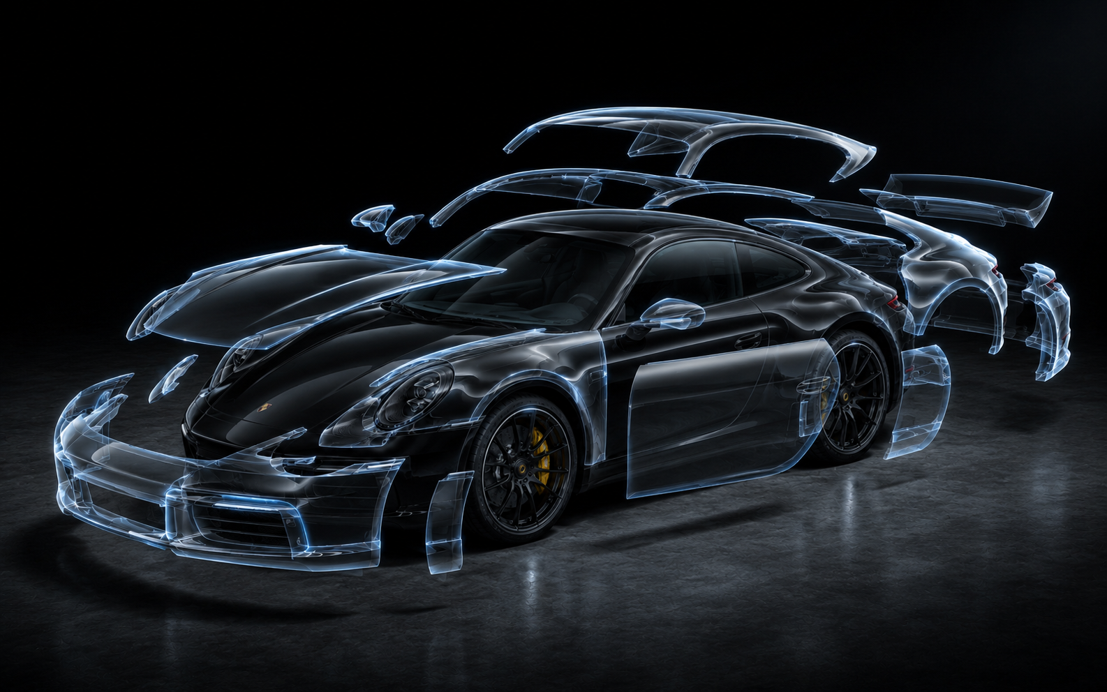 Full vehicle paint protection film front view on a black Porsche 911 with blue edge glow showing all protected front panels