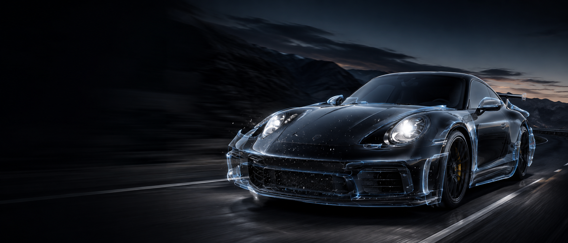 Porsche 911 GT3 at dusk on a mountain road with blue PPF protection glow visible across the bodywork