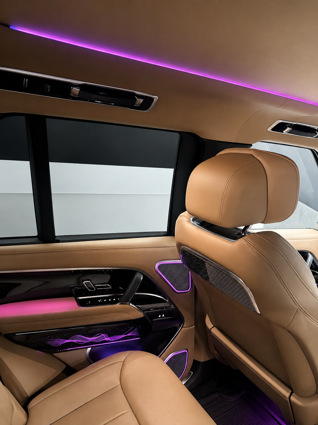 Range Rover rear interior ambient LED strip lighting along the roofline — CarDetail Lab Dublin