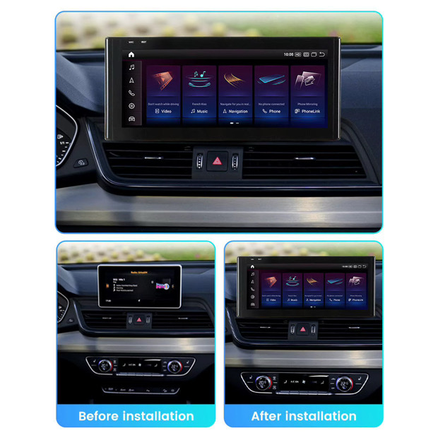 CarPlay and Android screen upgrade — before and after installation on an Audi A4