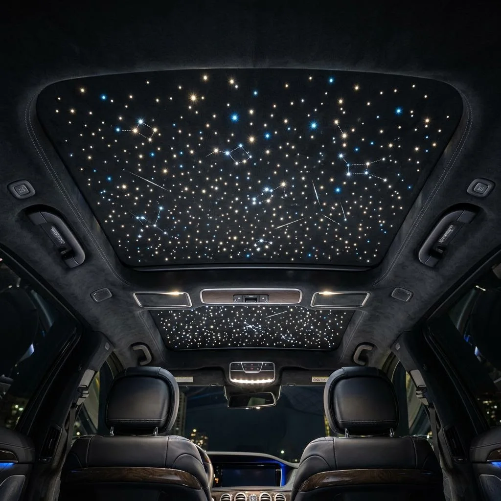 Luxury fibre-optic starlight headliner glowing inside a premium vehicle