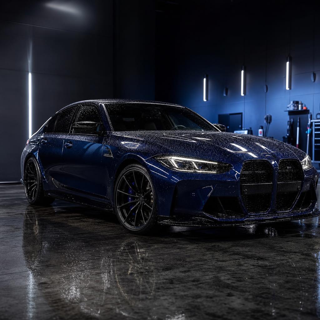 CarDetail Lab signature vehicle wash with reflective wet paint and professional studio lighting